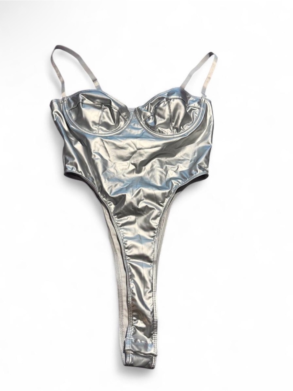 Shiny Silver High-Cut Bodysuit